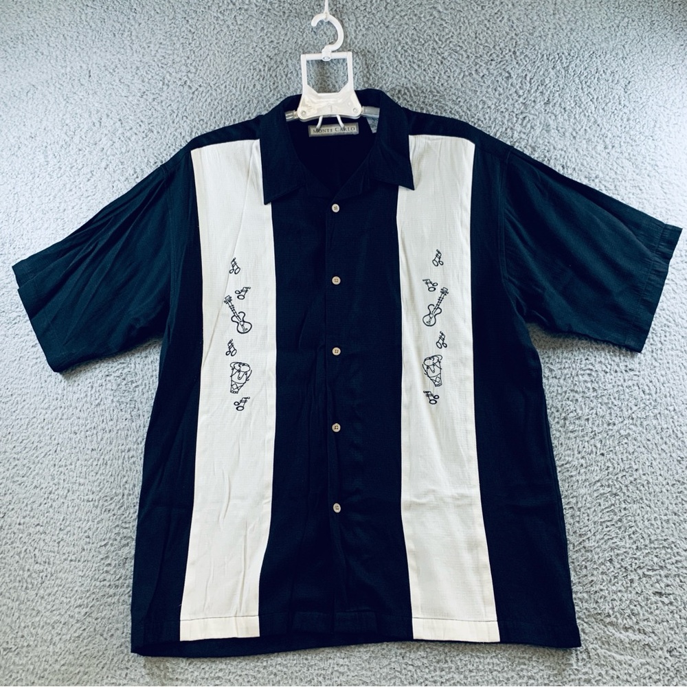 Monte Carlo Shirt Men Short Sleeve Button Embroidered Music‎ Black White L 42/44
